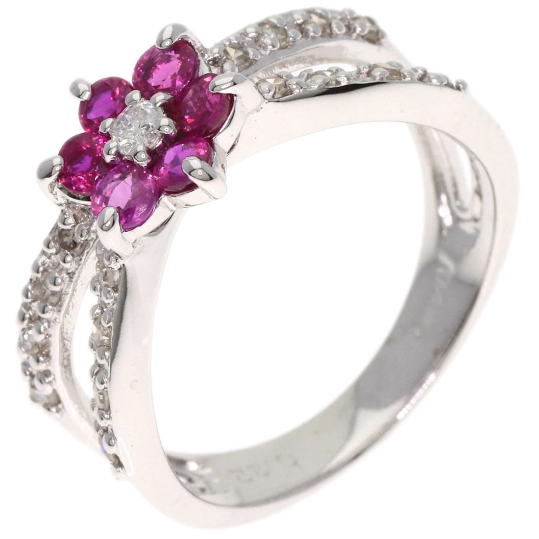 FLOWER DIAMOND RUBY RING K14 WHITE GOLD - 2