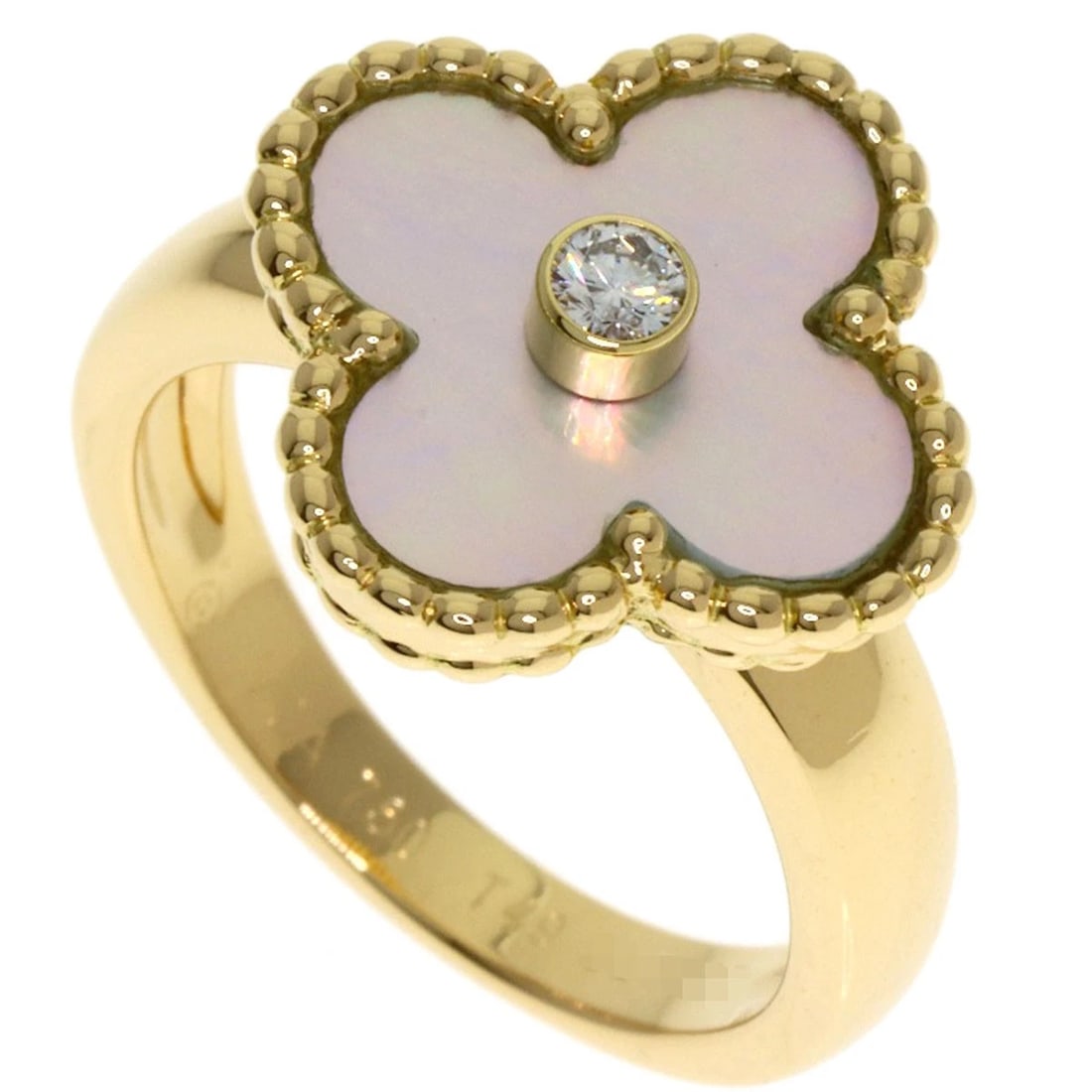 VAN CLEEF & ARPELS VINTAGE ALHAMBRA SHELL DIAMOND RING: Van Cleef & Arpels Vintage Alhambra Shell Diamond Ring Brand: Van Cleef & Arpels Type: Ring Material: K18 Yellow Gold, Color: Yellow Gold Size: 5(US) Accessories: None Accessories Notice: