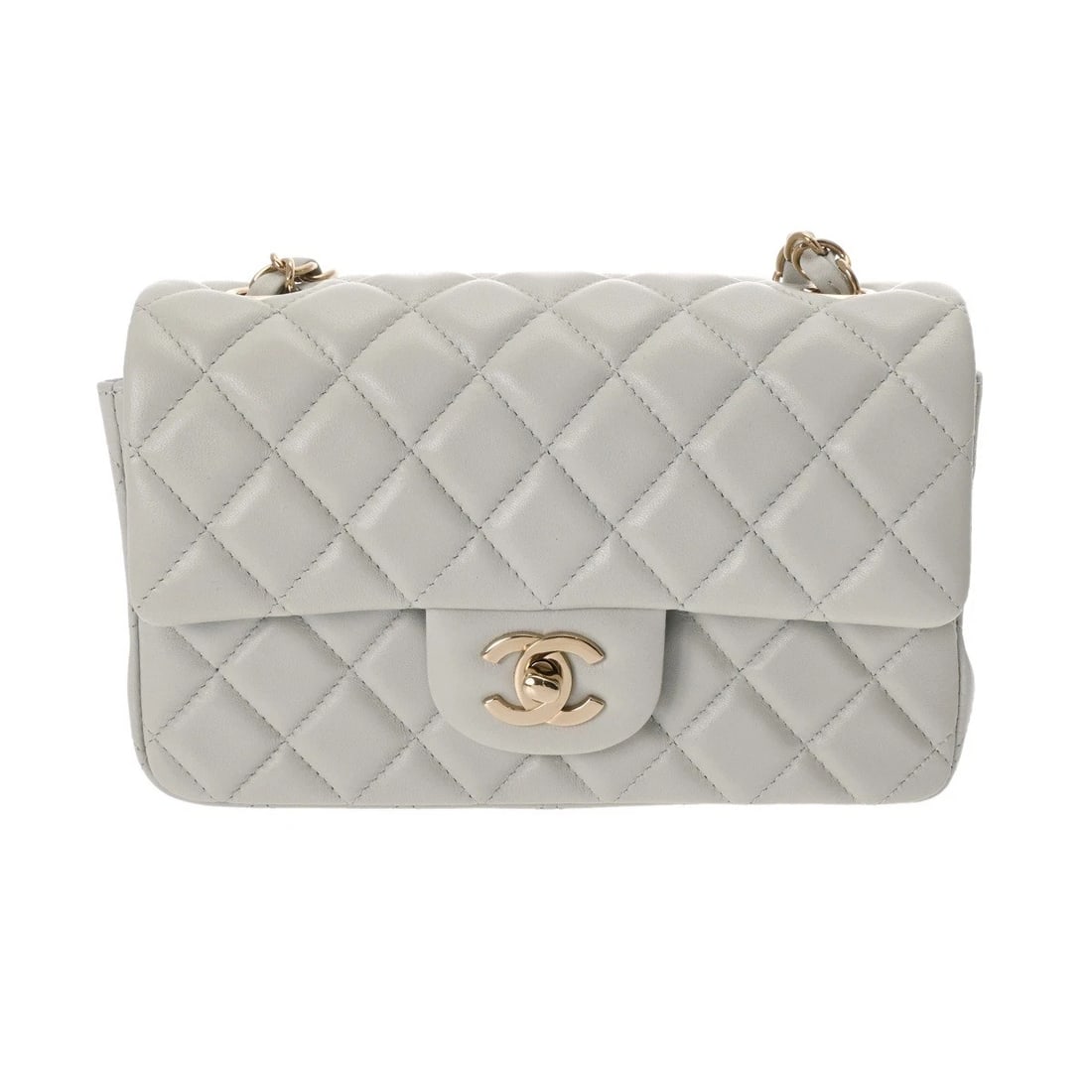 CHANEL MINI CLASSIC HANDBAG: CHANEL Mini Classic Handbag Brand: CHANEL Type: Shoulder Bag Material: lambskin Color: Light gray × Gold Metal Size: H:about 5.5inch W:about 7.7inch D:about 2.6inch Shoulder:about 46.9inch Acces