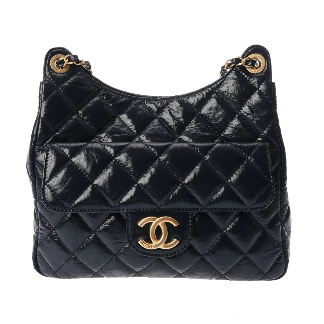 CHANEL HOBO BAG MATRASSE NAVY SHOULDER BAG: CHANEL Hobo bag Matrasse Navy Shoulder Bag Brand: CHANEL Type: Shoulder Bag Material: Shiny calfskin Color: Navy × Antique Gold Metal Size: H:about 6.7inch (Center) W:about 9.1inch (Bottom) D:abo