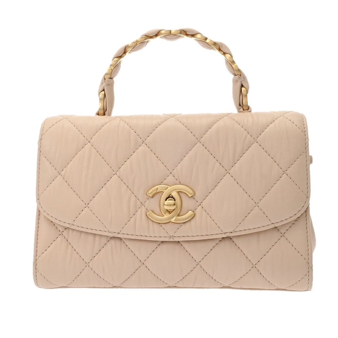 CHANEL TOP HANDLE MINI FLAP BAG: CHANEL Top Handle Mini Flap Bag Brand: CHANEL Type: Handbag Material: Shiny Crumbled Calfskin Color: pink beige × Gold Metal Size: H:about 5.1inch W:about 7.7inch (Bottom) D:about 3.1inch Shoulde