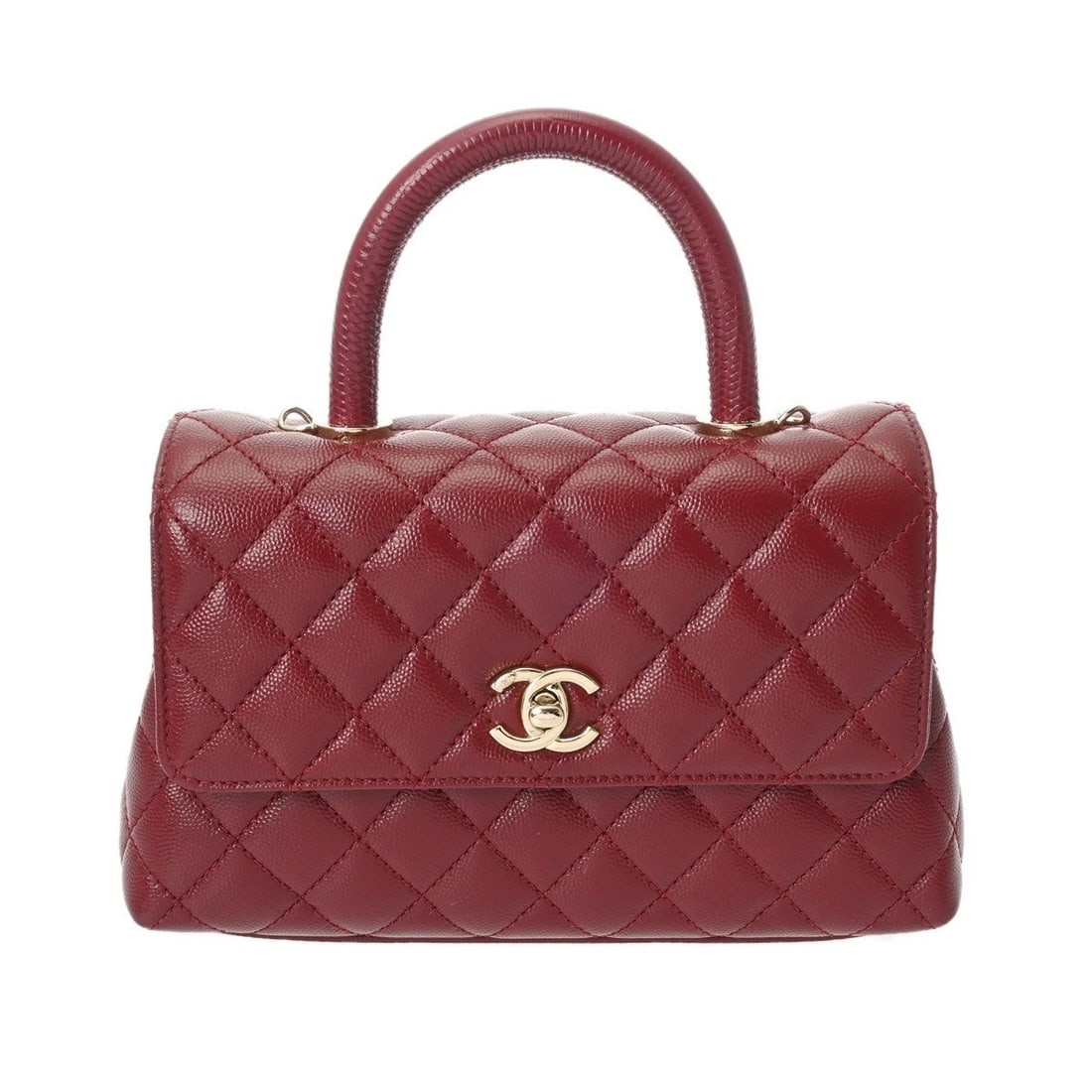 CHANEL TOP HANDLE FLAP BAG MATRASSE BORDEAUX HANDBAG: CHANEL Top handle flap bag Matrasse Bordeaux Handbag Brand: CHANEL Type: Handbag Material: Grained calfskin Color: Bordeaux × Champagne Gold Metal Size: H:about 5.5inch W:about 8.9inch (Bottom) D