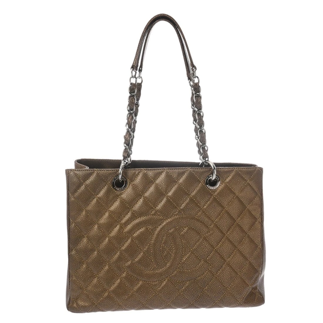 CHANEL GST MATRASSE CAVIARSKIN BRONZE TOTE BAG: CHANEL GST Matrasse Caviarskin bronze Tote Bag Brand: CHANEL Type: Tote Bag Material: Caviarskin Color: bronze × SilverMetal Size: H:about 9.4inch W:about 13.4inch D:about 5.1inch Shoulder:about
