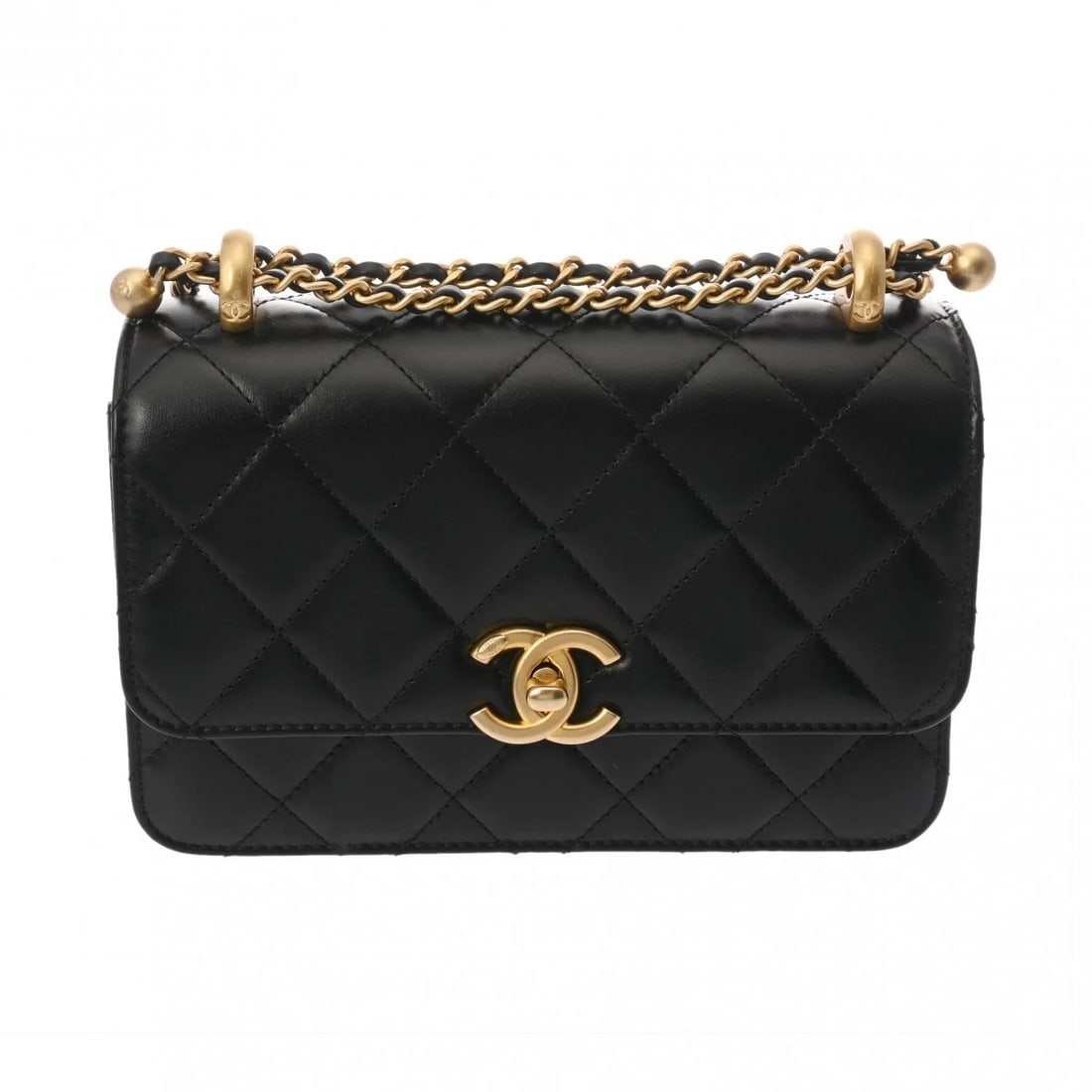 CHANEL MINI FLAP BAG MATRASSE BLACK SHOULDER BAG: CHANEL mini flap bag Matrasse black Shoulder Bag Brand: CHANEL Type: Shoulder Bag Material: lambskin Color: black × Gold Metal Size: H:about 5.5inch W:about 7.5inch D:about 2.8inch Shoulder:about