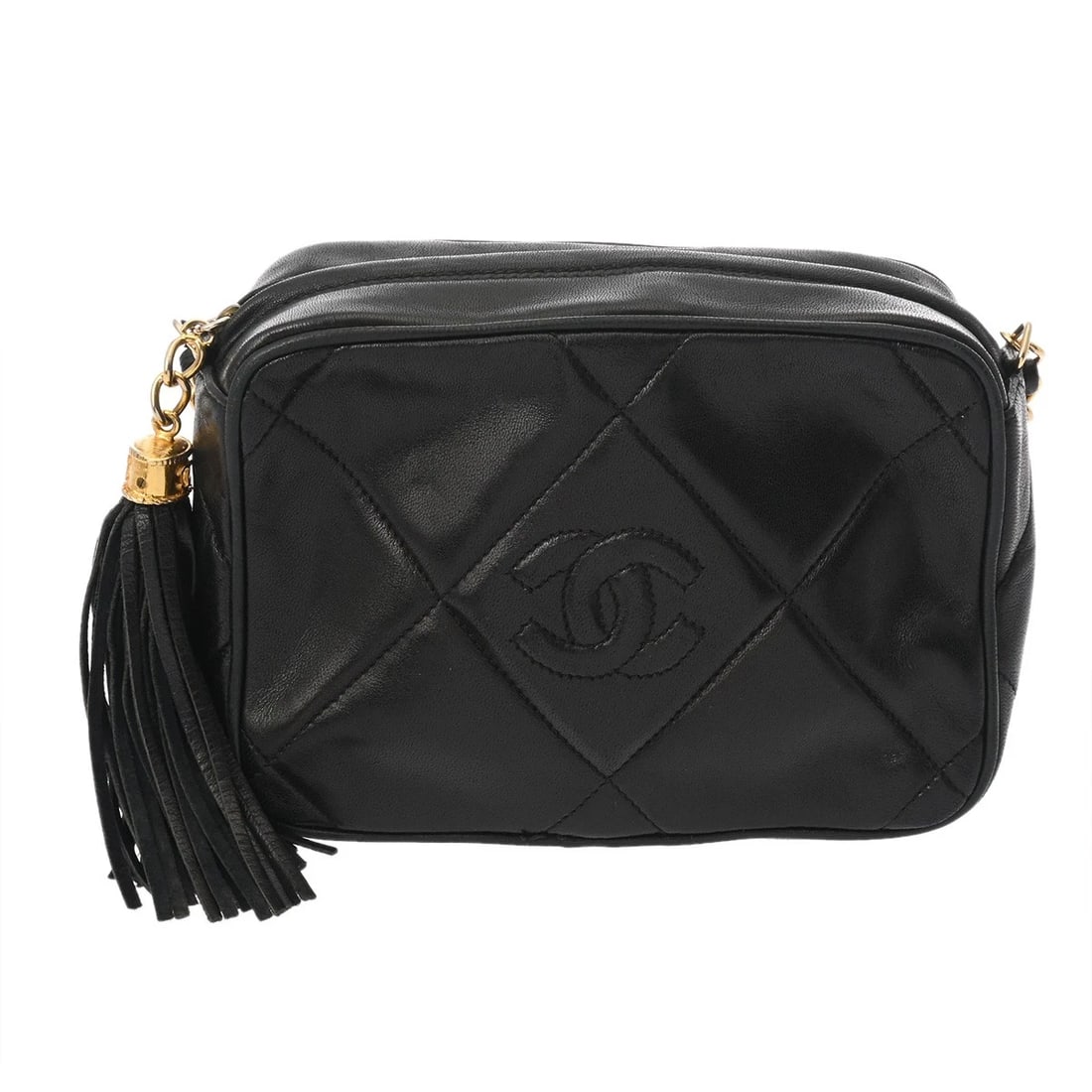 CHANEL TASSEL CHAIN SHOULDER MATRASSE SHOULDER BAG: CHANEL Tassel Chain Shoulder Matrasse Shoulder Bag Brand: CHANEL Type: Shoulder Bag Material: lambskin Color: black × Gold Metal Size: H:about 4.7inch W:about 7.1inch D:about 2.6inch Shoulder:abo