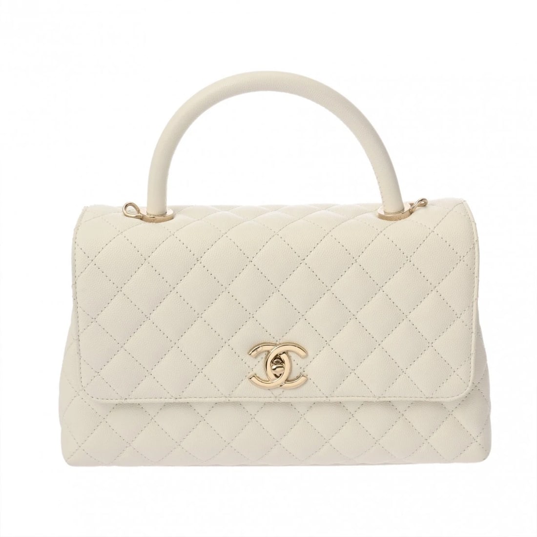 CHANEL LARGE TOP HANDLE FLAP BAG: CHANEL Large Top Handle Flap Bag Brand: CHANEL Type: Handbag Material: Grained calfskin Color: white × Champagne Gold Metal Size: H:about 6.7inch W:about 11.0inch Bottom D:about 4.3inch Shoulder: