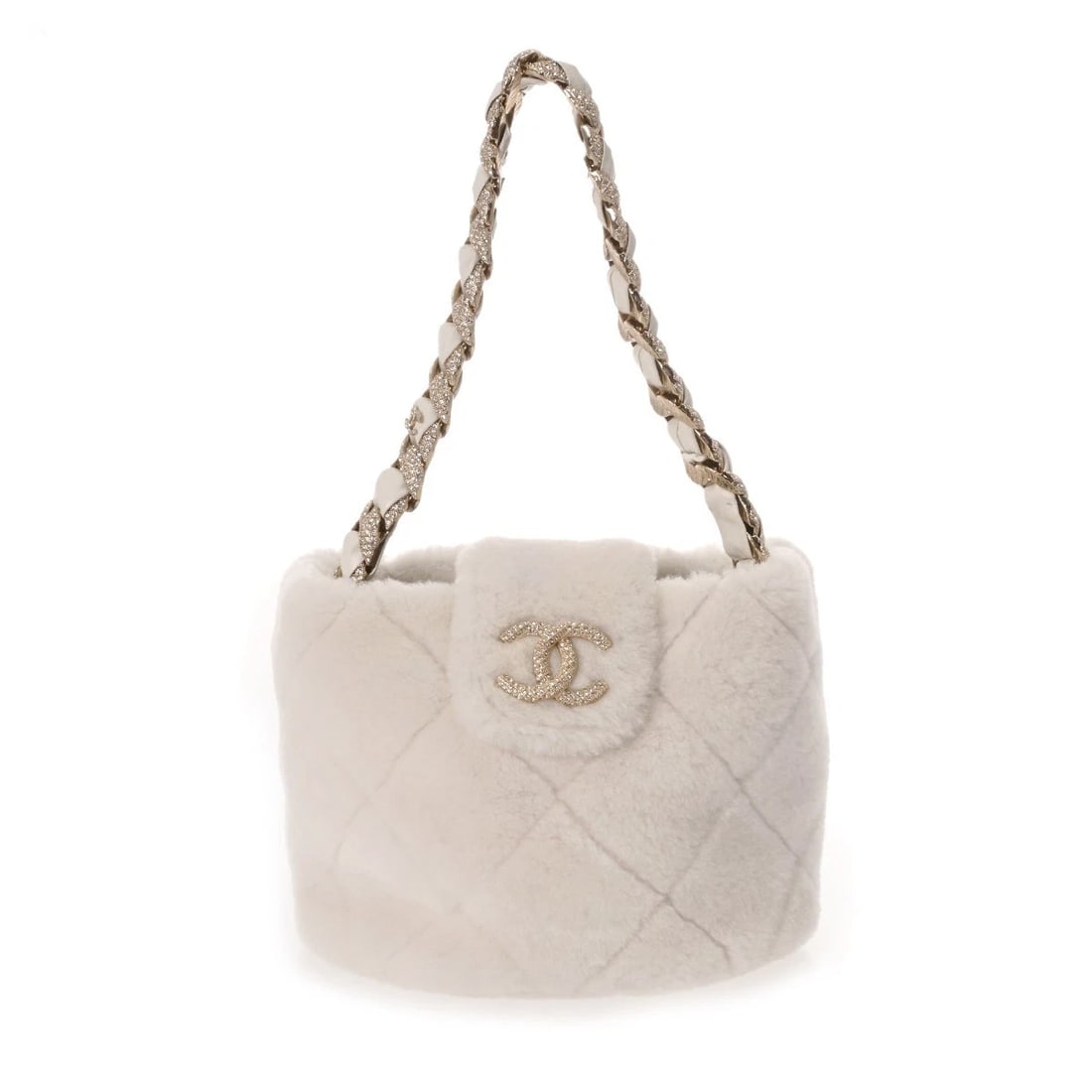 CHANEL BUCKET BAG MATRASSE FUR/RHINESTONE WHITE HANDBAG (1 of 9)
