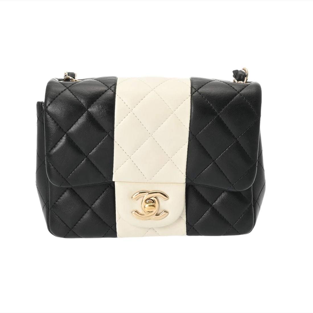 CHANEL MINI FLAP BAG MATRASSE LAMBSKIN BLACK WHITE SHOULDER BAG: CHANEL Mini flap bag Matrasse lambskin Black White Shoulder Bag Brand: CHANEL Type: Shoulder Bag Material: lambskin Color: Black White × Champagne Gold Metal Size: H:about 5.5inch W:about 7.9inch