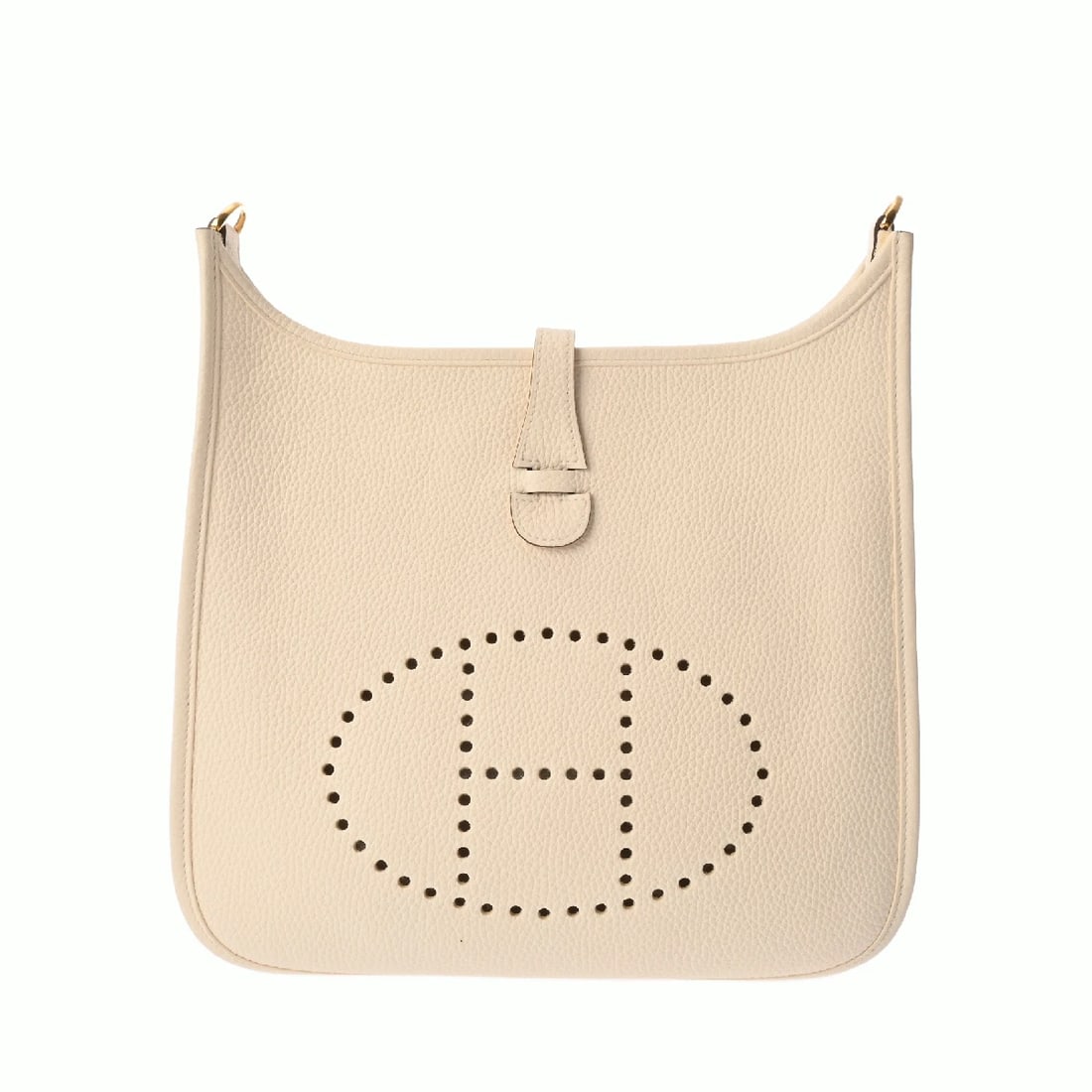 HERMES EVELYN 3 PM TAURILLON CLEMENCE NATA SHOULDER BAG: HERMES Evelyn 3 PM Taurillon Clemence Nata Shoulder Bag Brand: HERMES Type: Shoulder Bag Material: Taurillon Clemence Color: Nata × Gold Metal Size: H:about 10.8inch (Center) W:about 11.6inch D:a