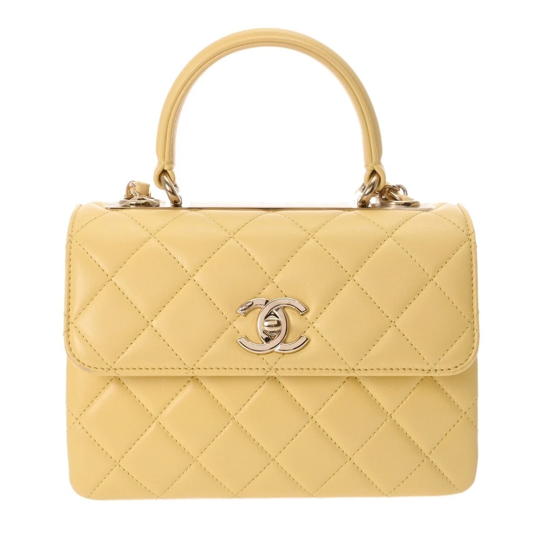 CHANEL TOP HANDLE MINI FLAP BAG: CHANEL top handle mini flap bag Brand: CHANEL Type: Shoulder Bag Material: lambskin Color: yellow × Gold Metal Size: H:about 5.5inch W:about 7.9inch D:about 3.1inch (maximum) Shoulder:about 44.9i