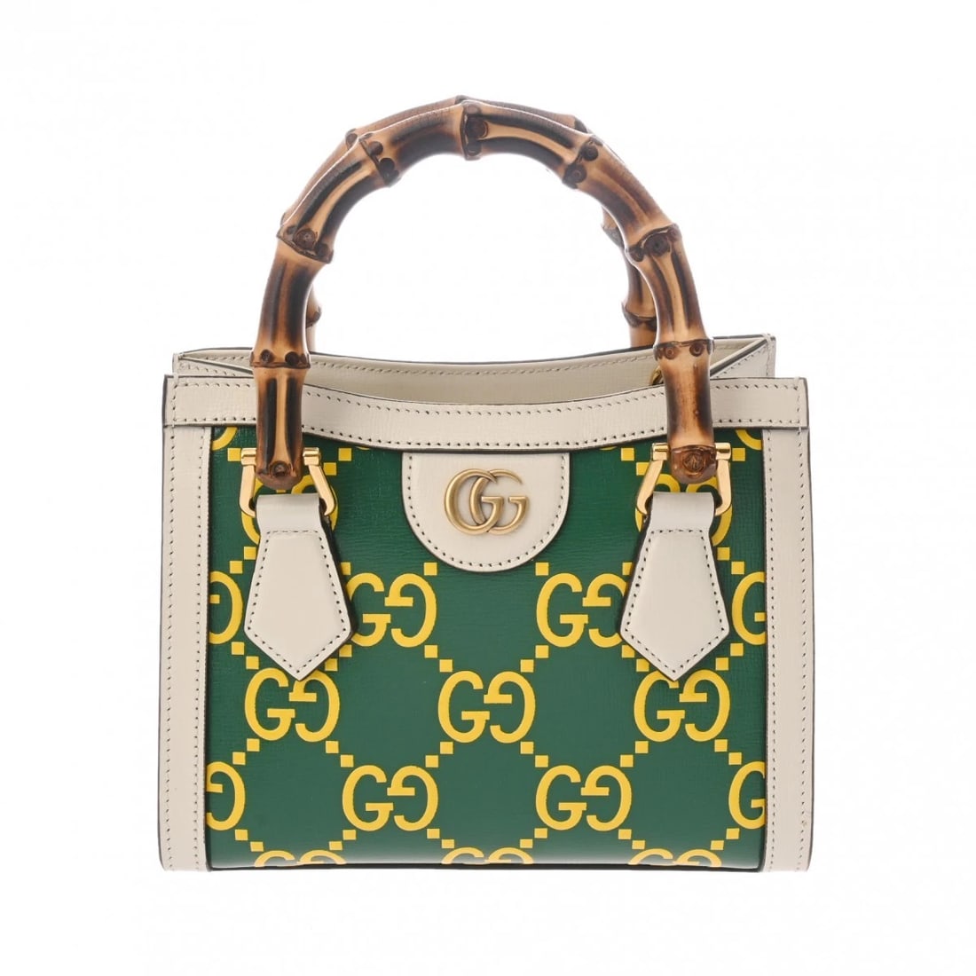 GUCCI MINI TOTE BAG DIANA 2WAY: GUCCI Mini Tote Bag Diana 2WAY Brand: GUCCI Type: Handbag Material: leather Color: Green/Yellow/White × Gold Metal Size: H:about 6.3inch W:about 7.9inch D:about 3.5inch Shoulder:about