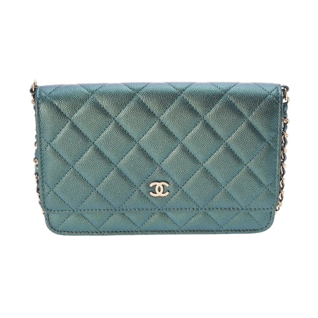 CHANEL CLASSIC CHAIN WALLET MATRASSE METALLIC BLUE SHOULDER BAG: CHANEL Classic Chain Wallet Matrasse Metallic blue Shoulder Bag Brand: CHANEL Type: Shoulder Bag Material: Grained calfskin Color: Metallic blue × Gold Metal Size: H:about 5.1inch W:about 7.5inch