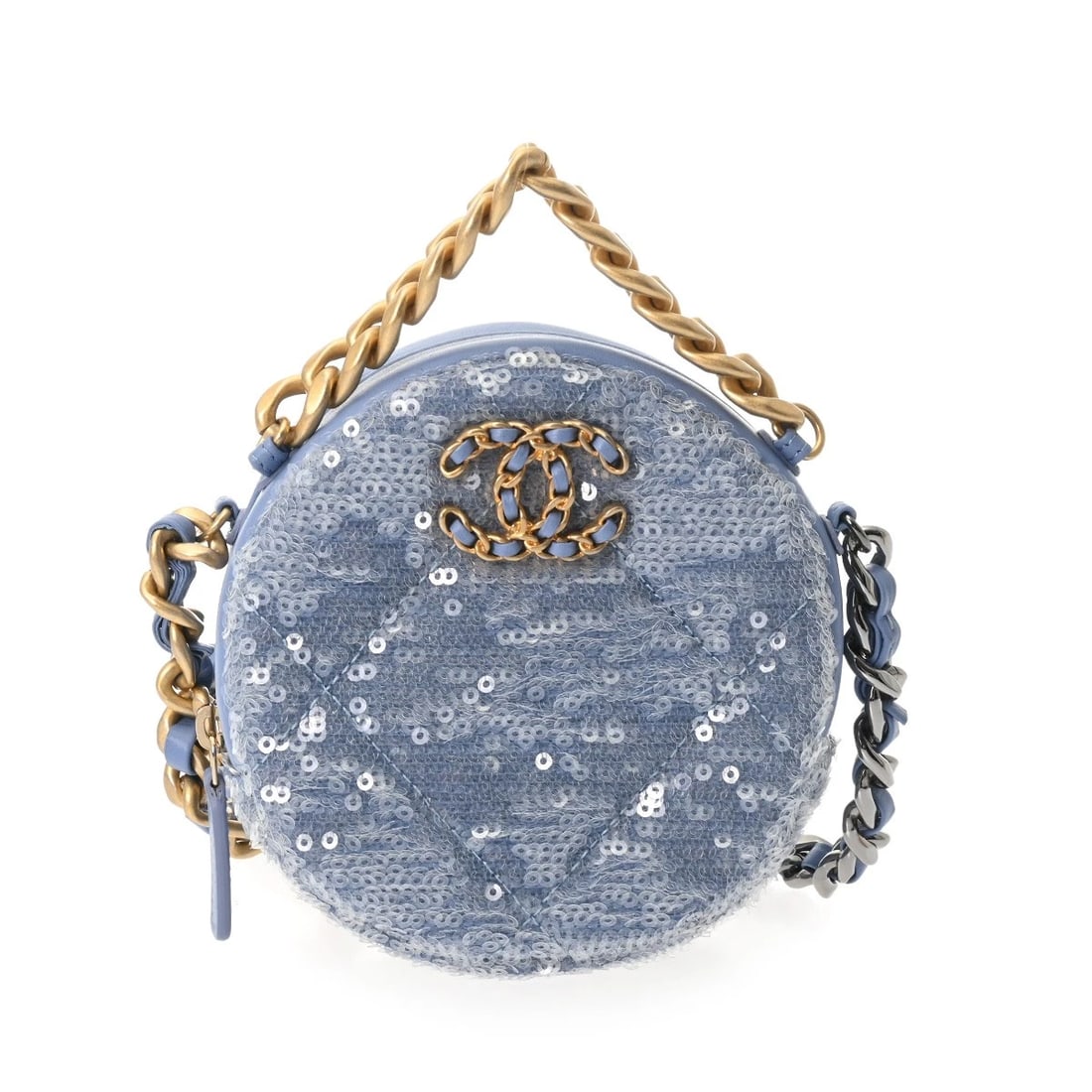 CHANEL ROUND CLUTCH SEQUIN/LEATHER BLUE BAG: CHANEL Round Clutch Sequin/leather blue Bag Brand: CHANEL Type: Shoulder Bag Material: Sequin/leather Color: blue × Antique Gold/SilverMetal Size: H:about 4.7inch W:about 4.7inch D:about 2.2inch