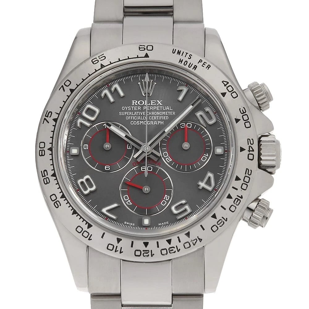 ROLEX COSMOGRAPH DAYTONA GRAY WATCH: ROLEX Cosmograph Daytona gray Watch Brand: ROLEX Type: Wrist watch Material: Band Material White Gold, Case Material White Gold Color: Dial Color Gray Size: Case:W40mm Circumference of Wrist:18.5c