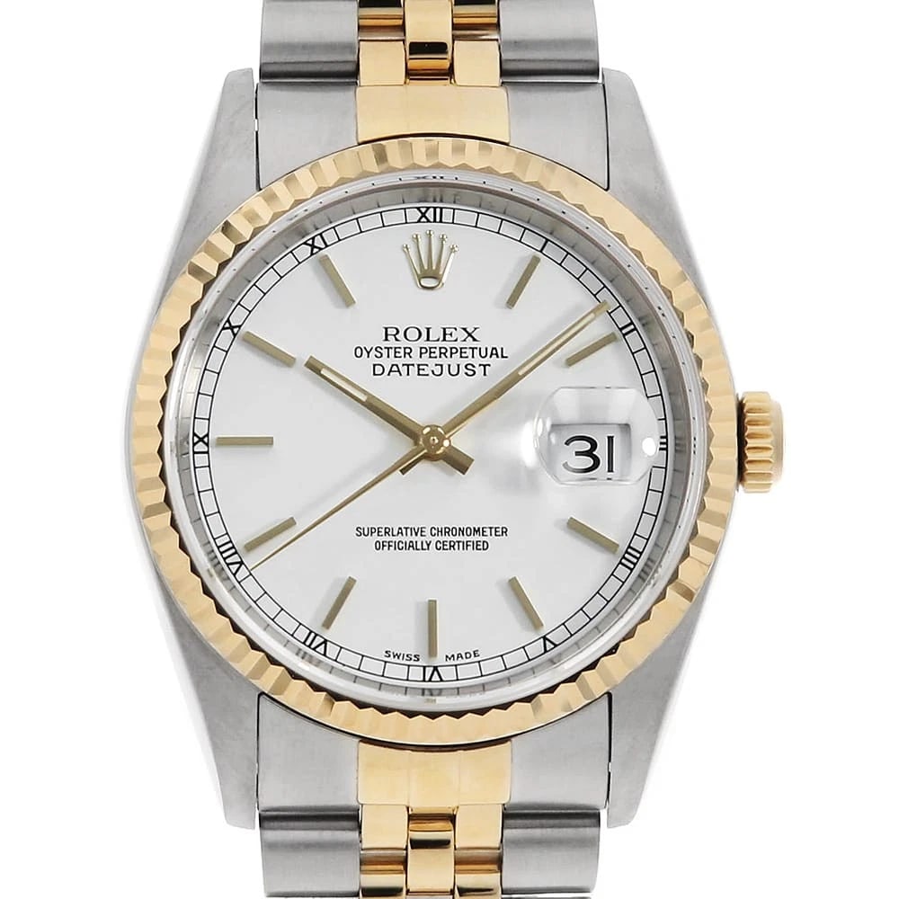 ROLEX DATEJUST WHITE WATCH: ROLEX Datejust white Watch Brand: ROLEX Type: Wrist watch Material: Band Material Stainless Steel/Yellow Gold, Case Material Stainless Steel/Yellow Gold Color: Dial Color White Size: Case:W36mm Ci