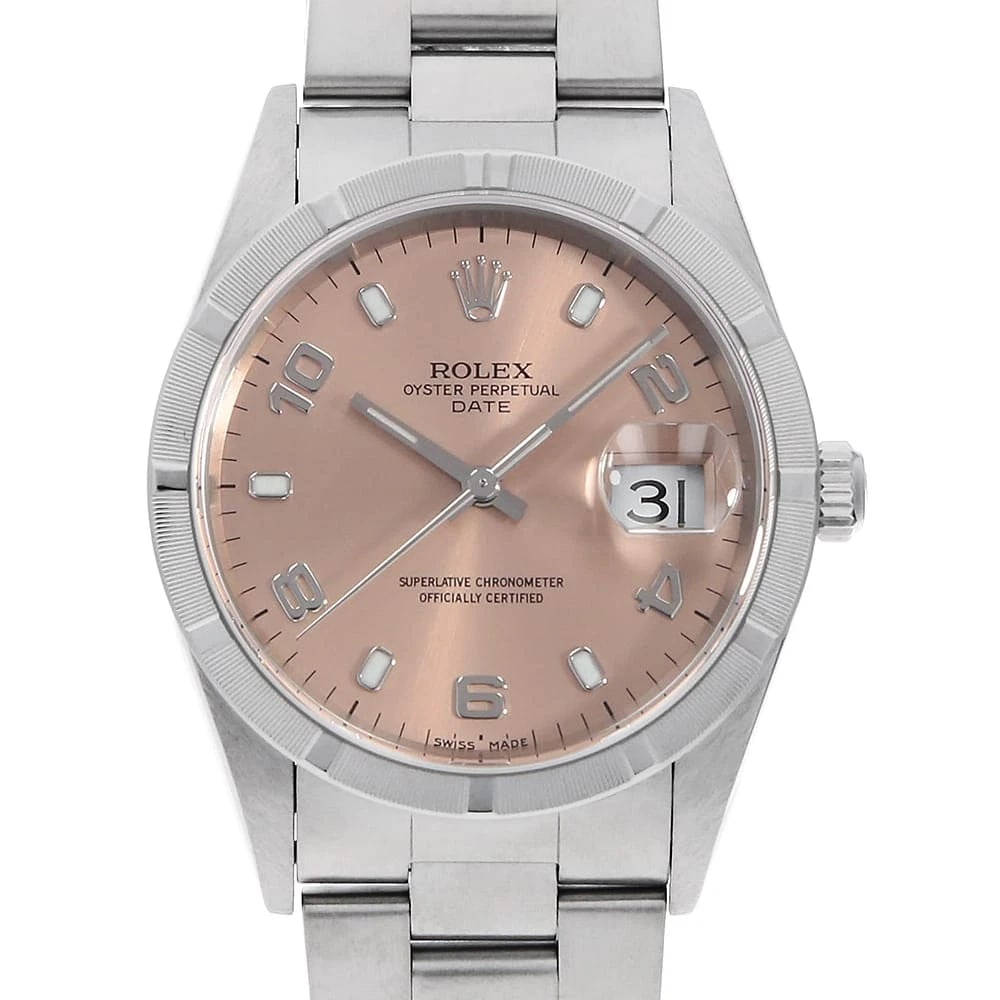 ROLEX OYSTER PERPETUAL PINK WATCH: ROLEX Oyster Perpetual pink Watch Brand: ROLEX Type: Wrist watch Material: Band Material Stainless Steel, Case Material Stainless Steel Color: Dial Color Pink Size: Case:W34mm Circumference of Wri