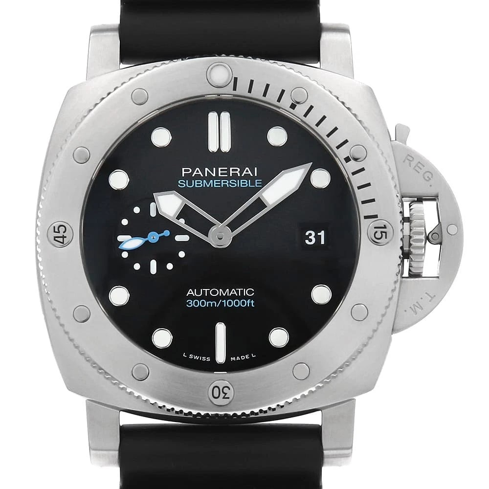 PANERAI SUBMERSIBLE QUARANTA QUATTRO WATCH: PANERAI Submersible Quaranta Quattro Watch Brand: PANERAI Type: Wrist watch Material: Band Material rubber, Case Material Stainless Steel Color: Dial Color Black Size: Case:W44mm Accessories: