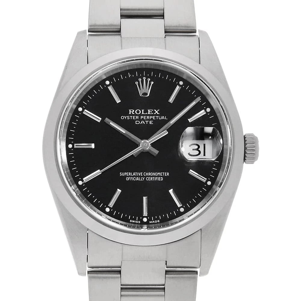 ROLEX OYSTER PERPETUAL BLACK WATCH: ROLEX Oyster Perpetual black Watch Brand: ROLEX Type: Wrist watch Material: Band Material Stainless Steel, Case Material Stainless Steel Color: Dial Color Black Size: Case:W34mm Circumference