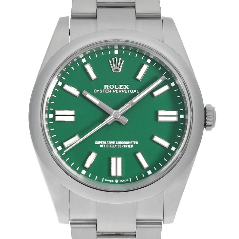 ROLEX OYSTER PERPETUAL GREEN WATCH: ROLEX Oyster Perpetual green Watch Brand: ROLEX Type: Wrist watch Material: Band Material Stainless Steel, Case Material Stainless Steel Color: Dial Color Green Size: Case:W41mm Circumference