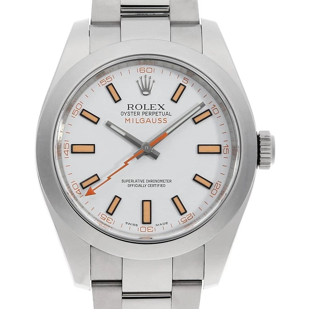 ROLEX MILGAUSS WHITE WATCH: ROLEX Milgauss white Watch Brand: ROLEX Type: Wrist watch Material: Band Material Stainless Steel, Case Material Stainless Steel Color: Dial Color White Size: Case:W40mm Circumference of