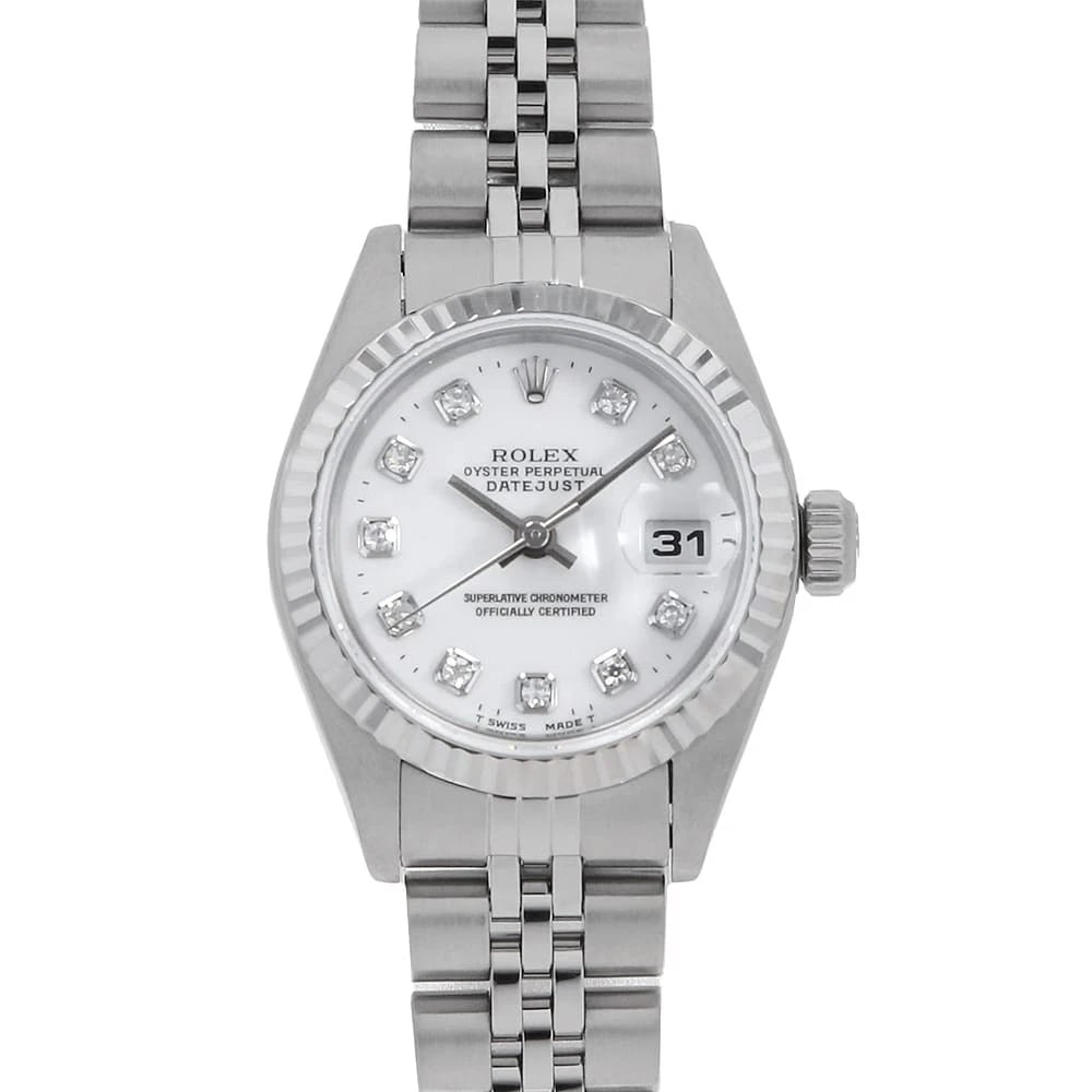 ROLEX DATEJUST DIAMOND WHITE WATCH: ROLEX Datejust Diamond white Watch Brand: ROLEX Type: Wrist watch Material: Band Material Stainless Steel, Case Material Stainless Steel/White gold Color: Dial Color White Size: Case:W26mm Circumferen