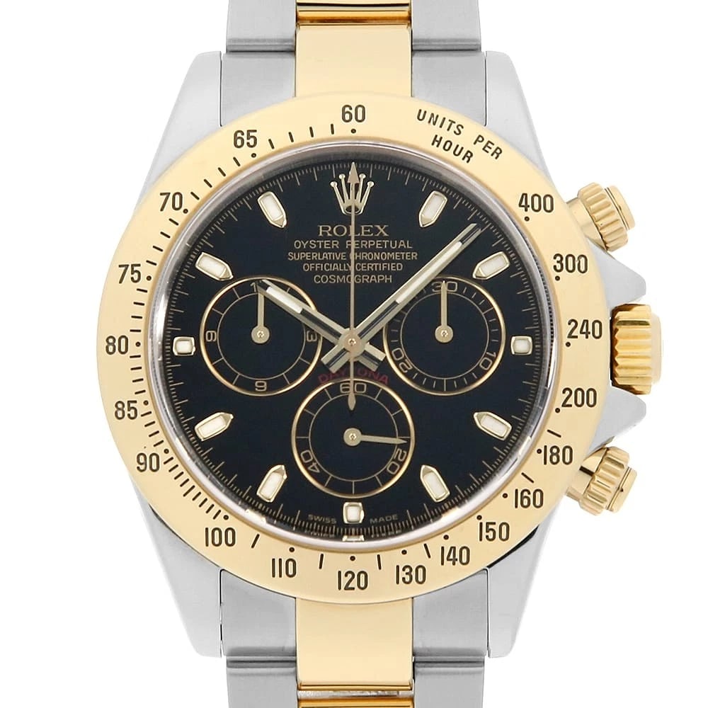 ROLEX COSMOGRAPH DAYTONA BLACK WATCH: ROLEX Cosmograph Daytona black Watch Brand: ROLEX Type: Wrist watch Material: Band Material Stainless Steel/Yellow Gold, Case Material Stainless Steel/Yellow Gold Color: Dial Color Black Size: Cas