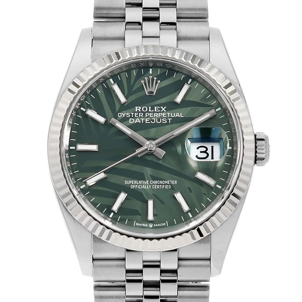 ROLEX DATEJUST OLIVE GREEN WATCH: ROLEX DATEJUST Olive green Watch Brand: ROLEX Type: Wrist watch Material: Band Material Stainless Steel, Case Material Stainless Steel/White gold Color: Dial Color Olive Green Size: Case:W36mm