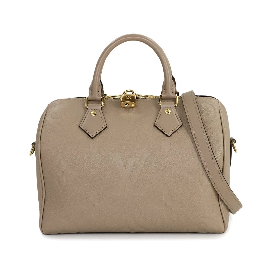 LOUIS VUITTON MONOGRAM EMPREINTE SPEEDY BANDOLIERE 25 HAND BAG: LOUIS VUITTON Monogram Empreinte Speedy Bandoliere 25 Hand Bag Brand: LOUIS VUITTON Type: Hand Bag / Shoulder Bag Material: Monogram Empreinte Leather Color: Tourterelle Size: W 10.04 inch, H 7.28