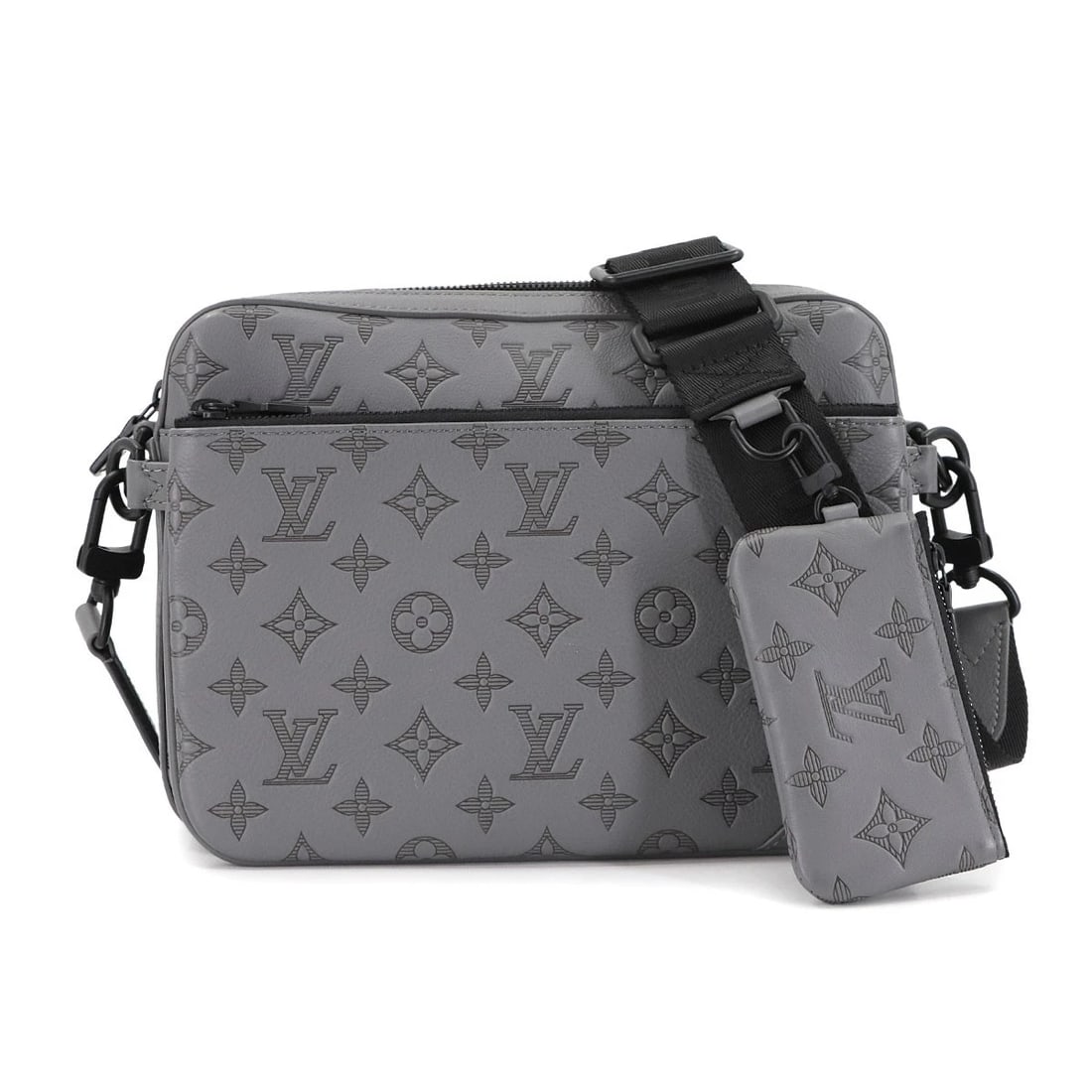 LOUIS VUITTON MONOGRAM SHADOW TRIO MESSENGER SHOULDER BAG: LOUIS VUITTON Monogram Shadow Trio Messenger Shoulder Bag Brand: LOUIS VUITTON Type: Shoulder Bag Material: Monogram Shadow Leather Color: Gray Size: W 10.04 inch, H 7.28 inch, D 1.77 inch Access