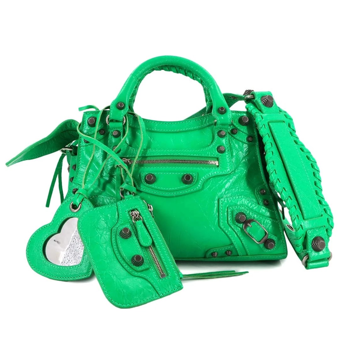 BALENCIAGA NEO CAGOLE XS HAND SHOULDER BAG: BALENCIAGA Neo Cagole XS Hand Shoulder Bag Brand: BALENCIAGA Type: Hand Bag / Shoulder Bag Material: Leather Color: Vivid green Size: W 100.79 inch, H 6.50 inch, D 4.13 inch Accessories: None