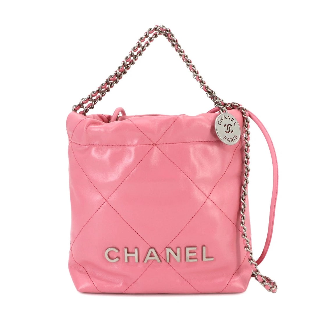 CHANEL 22 MINI CHAIN HAND SHOULDER BAG LEATHER PINK: CHANEL 22 Mini Chain Hand Shoulder Bag Leather Pink Brand: CHANEL Type: Hand Bag / Shoulder Bag Material: Leather Color: Pink Size: W 6.69 inch, H 7.28 inch, D 2.56 inch Accessories: None