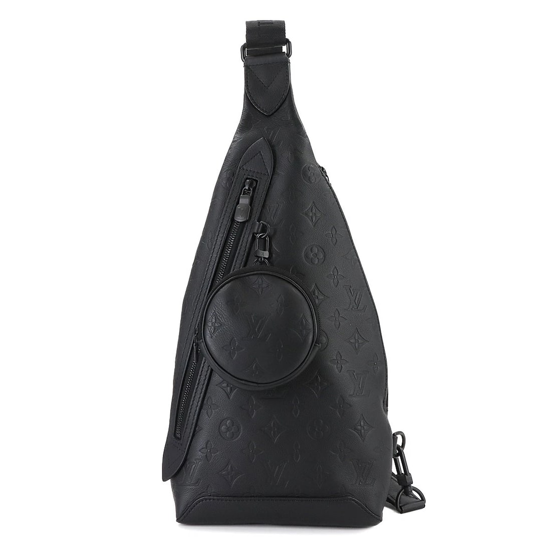LOUIS VUITTON MONOGRAM SHADOW DUO SLING BAG: LOUIS VUITTON Monogram Shadow Duo Sling Bag Brand: LOUIS VUITTON Type: Crossbody Bag Material: Monogram Shadow Leather Color: Noir Size: W 7.28 inch, H 17.52 inch, D 2.17 inch Accessories: None