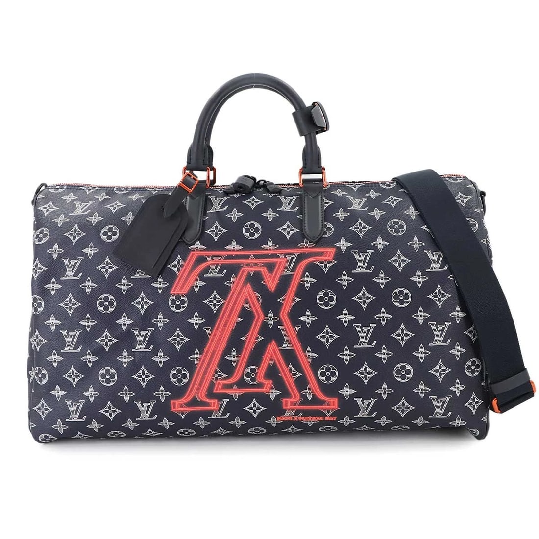 LOUIS VUITTON MONOGRAM INK UPSIDE DOWN KEEPALL BANDOULIERE: LOUIS VUITTON Monogram Ink Upside down Keepall Bandouliere Brand: LOUIS VUITTON Type: Boston Bag Material: Monogram Ink Canvas Color: Navy , Pink Size: W 19.69 inch, H 11.42 inch, D 8.86 inch Acc