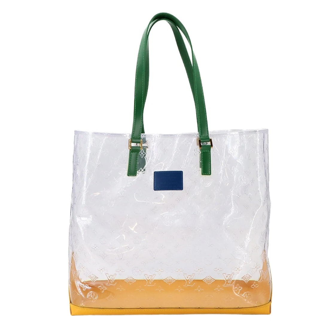 LOUIS VUITTON MONOGRAM VINYL CABAS BRAZIL TOTE BAG: LOUIS VUITTON Monogram Vinyl Cabas Brazil Tote Bag Brand: LOUIS VUITTON Type: Tote Bag Material: Monogram Vinyl , Leather Color: Clear , Yellow , Green , Blue Size: W 16.14 inch, H 14.96 inch, D 6