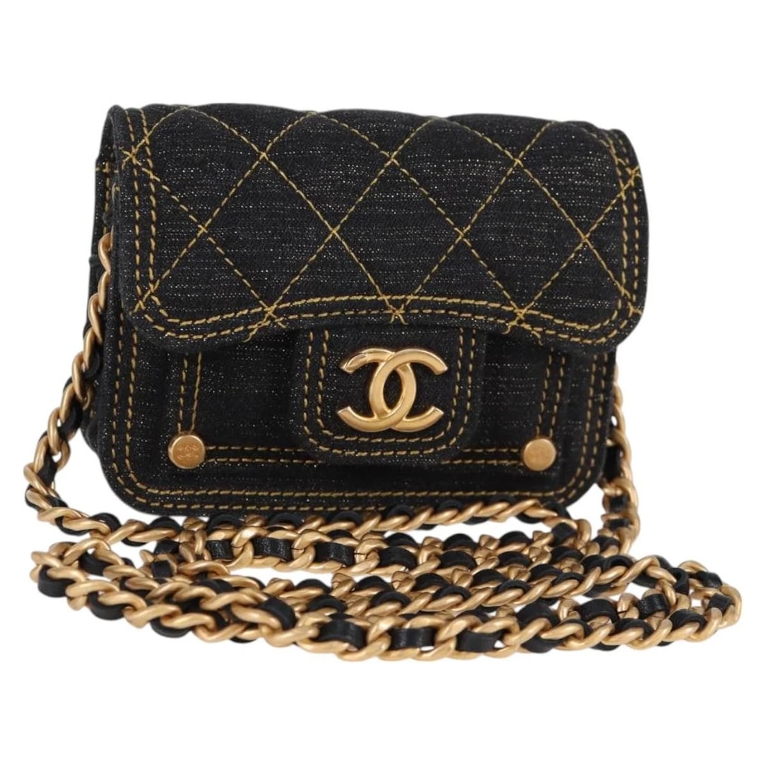 CHANEL MATELASSE CHAIN SHOULDER BAG DENIM NAVY: CHANEL Matelasse Chain Shoulder Bag Denim Navy Brand: CHANEL Type: Shoulder Bag Material: Canvas Color: Navy/Gold Size: W4.7 x H2.8 x D1.2inch(Approx) Shoulder Drop:22.4inch(Approx) Accessories: