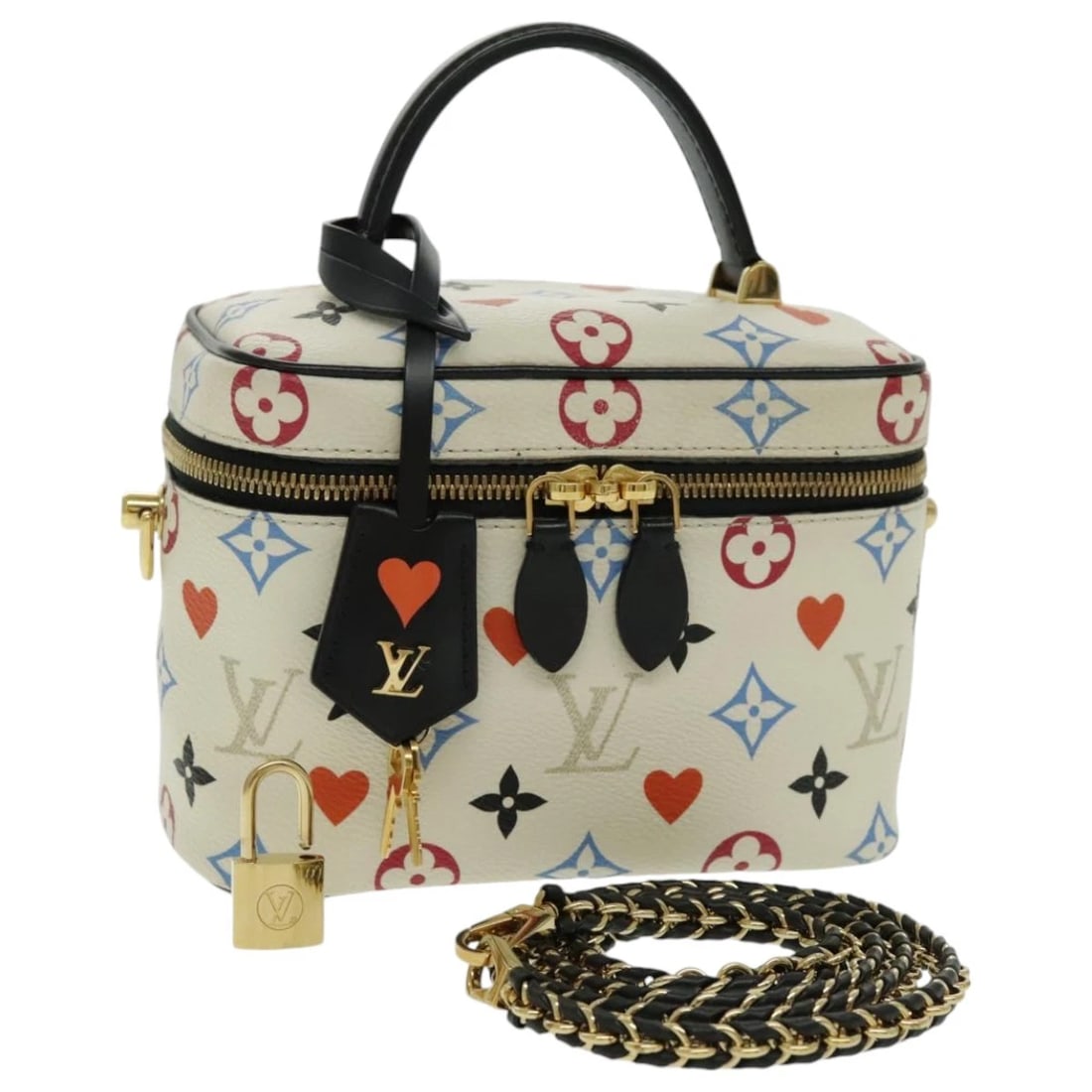 LOUIS VUITTON MONOGRAM GAME ON VANITY PM HAND BAG: LOUIS VUITTON Monogram Game On Vanity PM Hand Bag Brand: LOUIS VUITTON Type: Hand Bag Material: Monogram Canvas Color: White Size: W7.1 x H5.1 x D3.9inch(Approx) Accessories: None Accessor