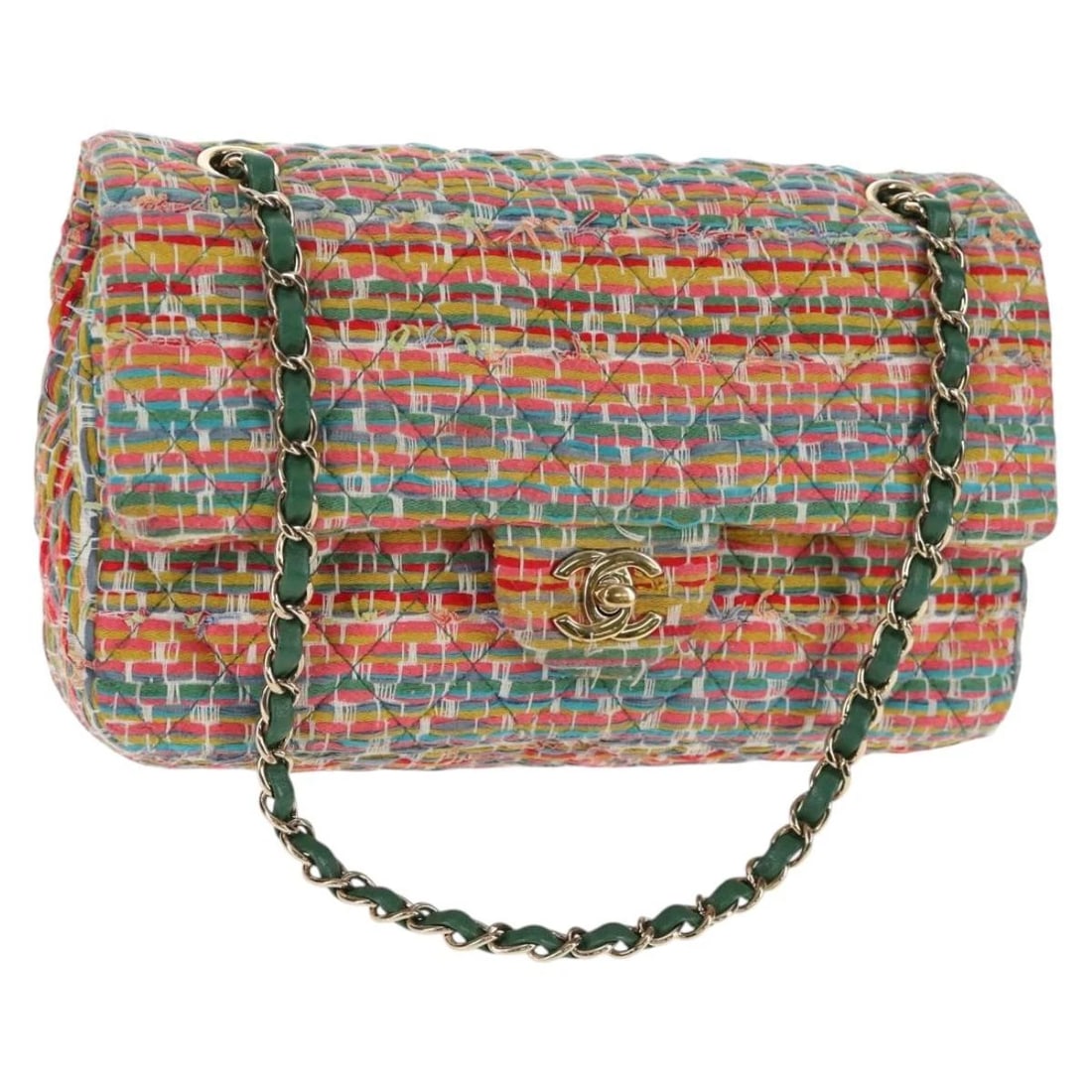 CHANEL DOUBLE FLAP MATELASSE 25 CHAIN BAG: CHANEL Double Flap Matelasse 25 Chain Bag Brand: CHANEL Type: Shoulder Bag Material: Canvas Color: Multicolor/Gold Size: W9.8 x H5.5 x D2.8inch(Approx) Shoulder Drop:9.1 - 16.5inch(Approx) Access