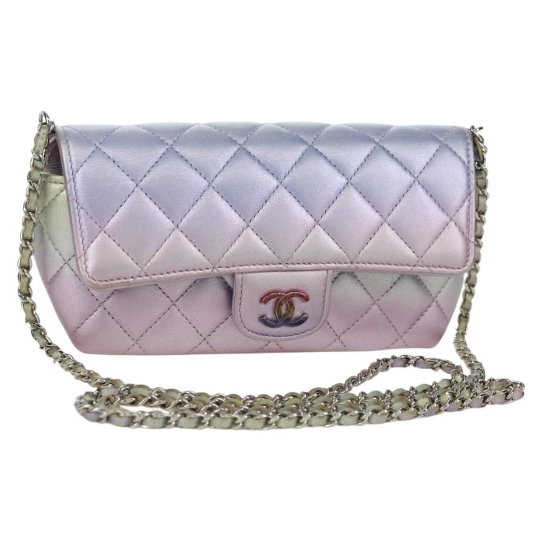 CHANEL CHAIN SHOULDER POUCH MATELASSE LEATHER: CHANEL Chain Shoulder Pouch Matelasse Leather Brand: CHANEL Type: Pouch Material: Leather Color: Purple/Silver Size: W7.1 x H3.5inch(Approx) Accessories: None Accessories Notice: When purc