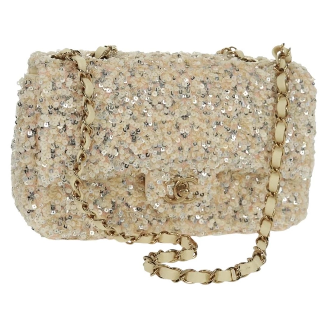 CHANEL MATELASSE 23 SINGLE FLAP CHAIN SEQUINS EVENING BAG: CHANEL Matelasse 23 Single Flap Chain Sequins Evening Bag Brand: CHANEL Type: Shoulder Bag Material: Lamb Skin Color: Beige/Gold Size: W9.1 x H5.1 x D2.4inch(Approx) Shoulder Drop:11.8 - 21.7inch(
