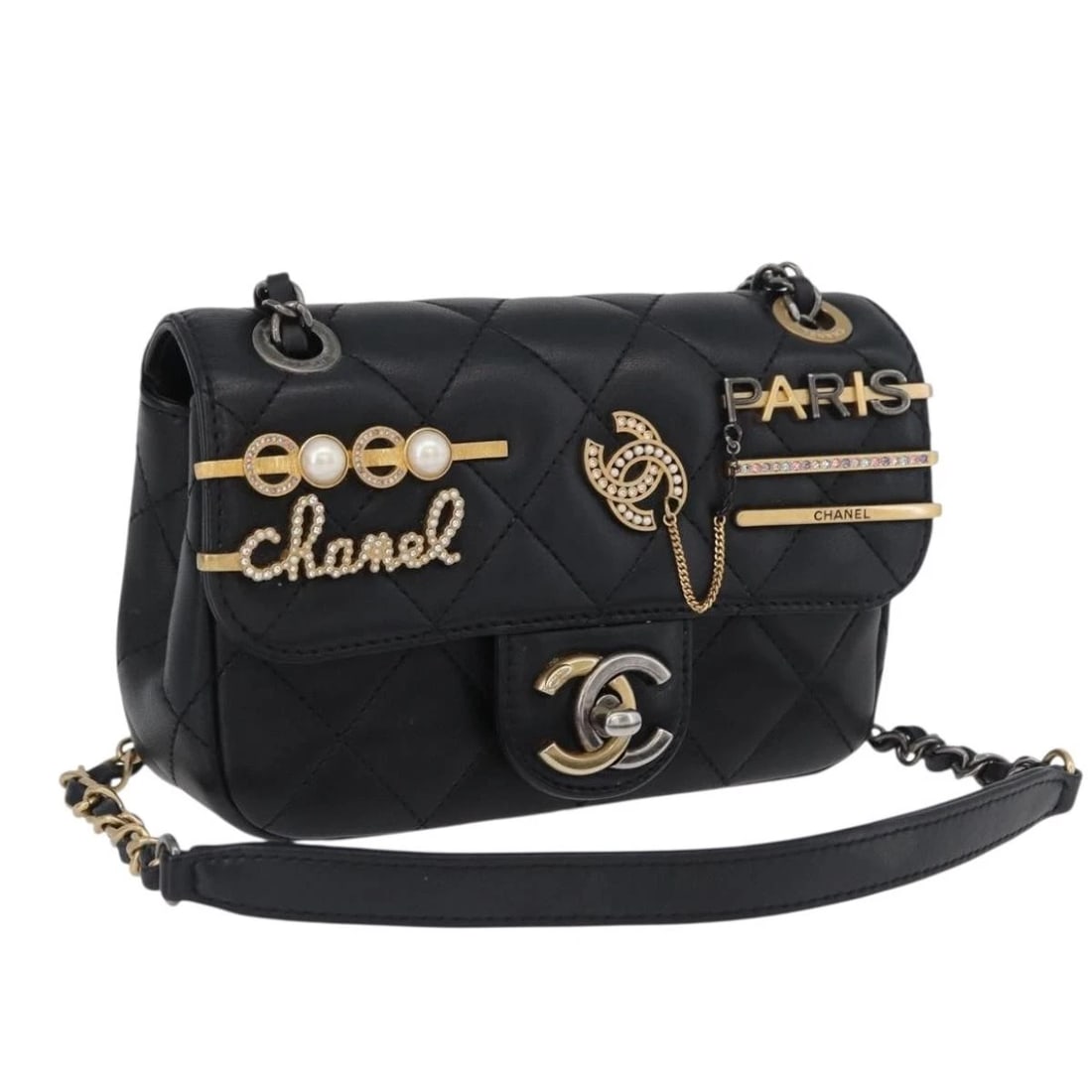 CHANEL CHAIN MINI MATELASSE 18 CHAIN BAG: CHANEL Chain Mini Matelasse 18 Chain Bag Brand: CHANEL Type: Shoulder Bag Material: Lamb Skin Color: Black/Gold Size: W6.7 x H3.9 x D2.2inch(Approx) Shoulder Drop:11.8 - 20.9inch(Approx) Accessor