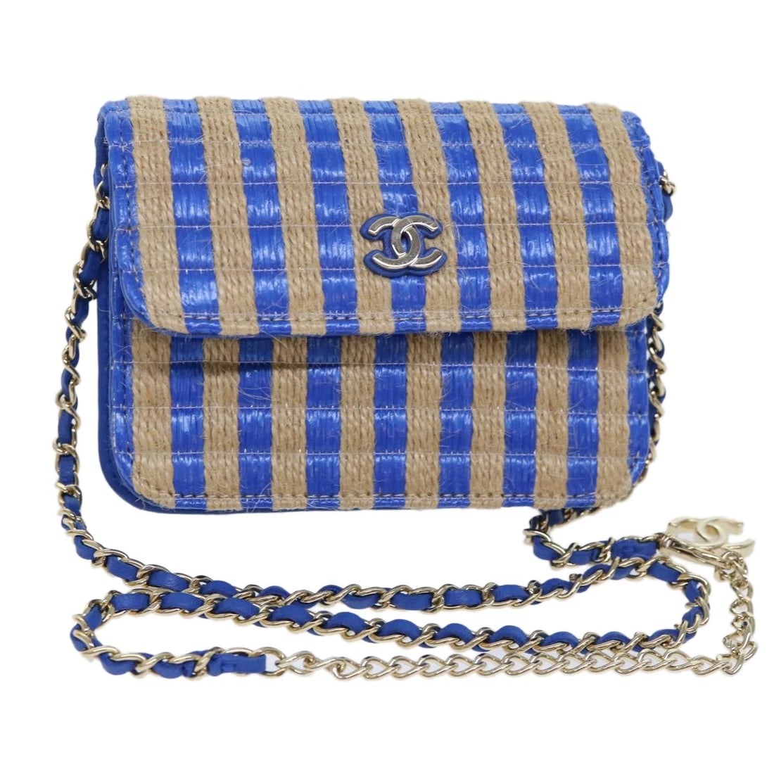 CHANEL CHAIN SHOULDER BAG RAFFIA BLUE BEIGE: CHANEL Chain Shoulder Bag Raffia Blue Beige Brand: CHANEL Type: Shoulder Bag Material: Canvas Color: Blue/Beige Size: W4.7 x H3.0 x D1.0inch(Approx) Shoulder Drop:15.7inch(Approx) Accessories: No