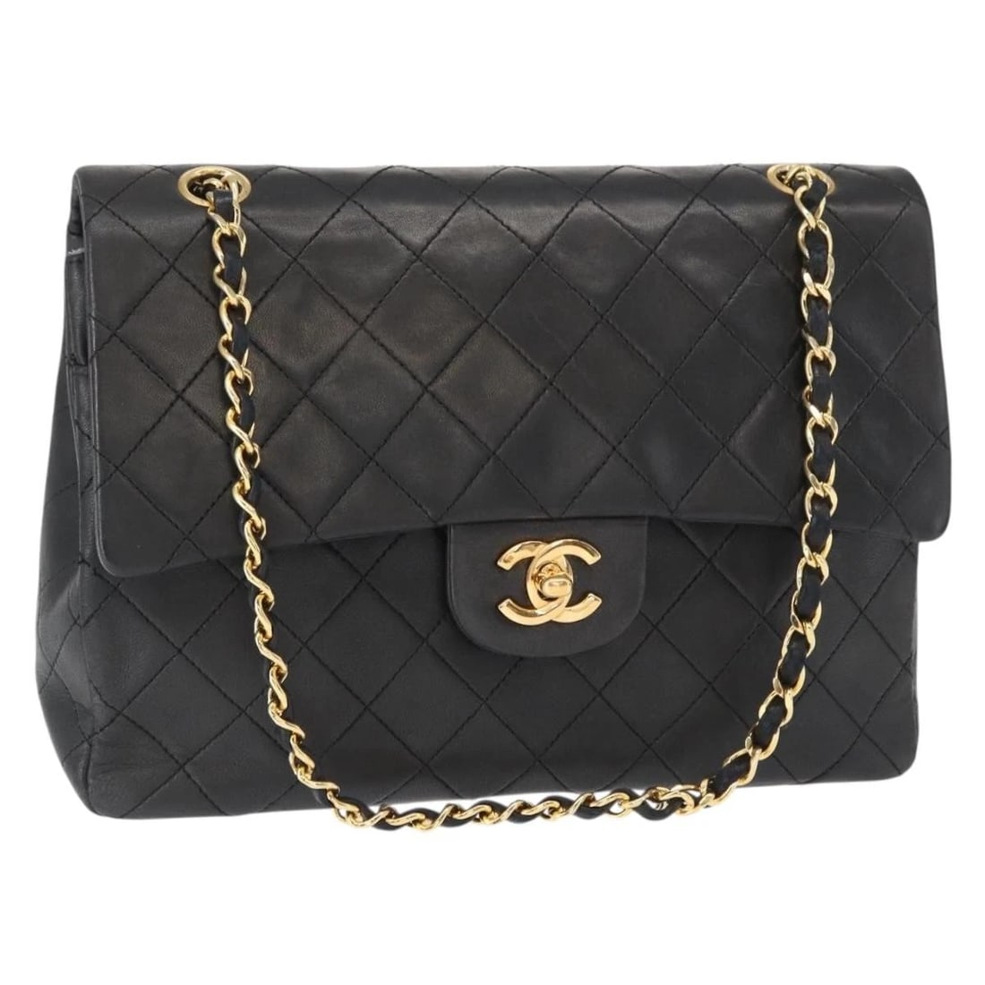 CHANEL MATELASSE 25 DOUBLE FLAP CHAIN BAG: CHANEL Matelasse 25 Double Flap Chain Bag Brand: CHANEL Type: Shoulder Bag Material: Lamb Skin Color: Black/Gold Size: W9.8 x H6.3 x D2.8inch(Approx) Shoulder Drop:9.8 - 17.7inch(Approx) Accessor
