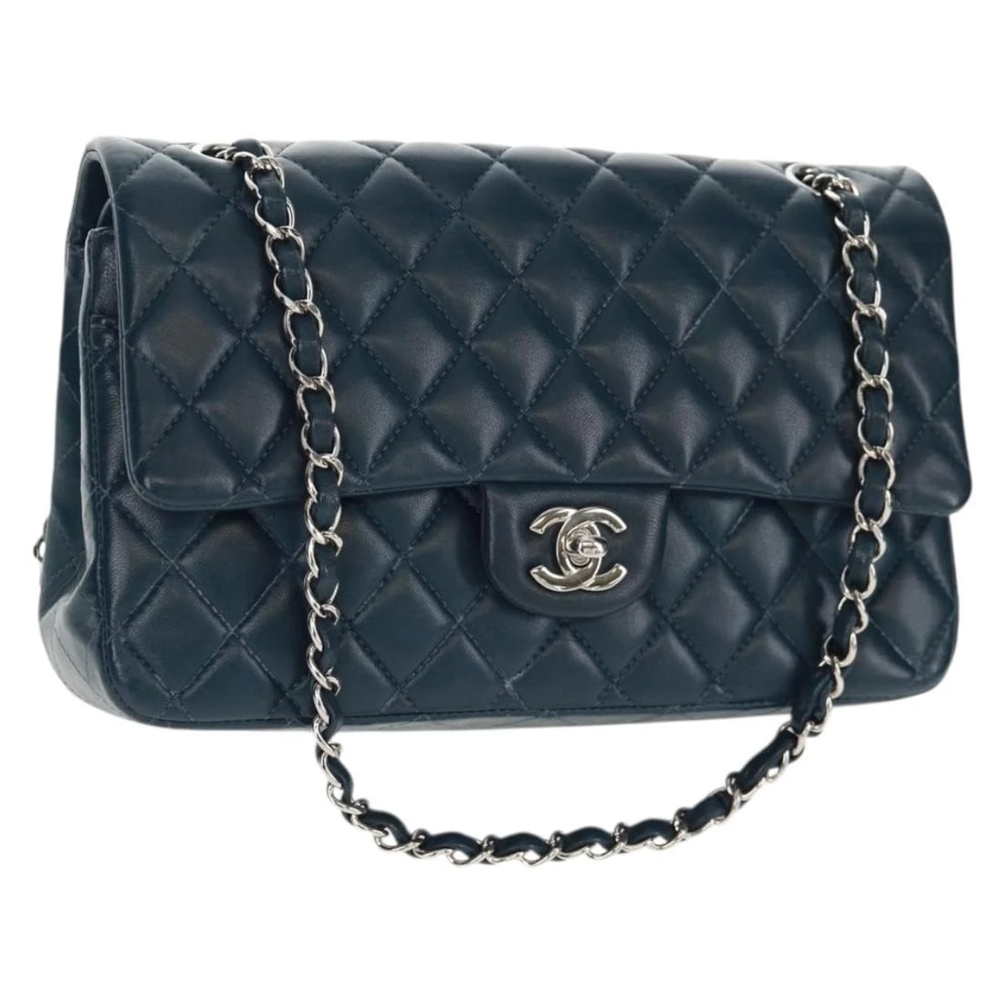 CHANEL MATELASSE 25 DOUBLE FLAP CHAIN BAG LAMB SKIN: CHANEL Matelasse 25 Double Flap Chain Bag Lamb Skin Brand: CHANEL Type: Shoulder Bag Material: Leather/Lamb Skin Color: Navy/Silver Size: W9.8 x H6.3 x D2.4inch(Approx) Shoulder Drop:9.8 - 17.7inc