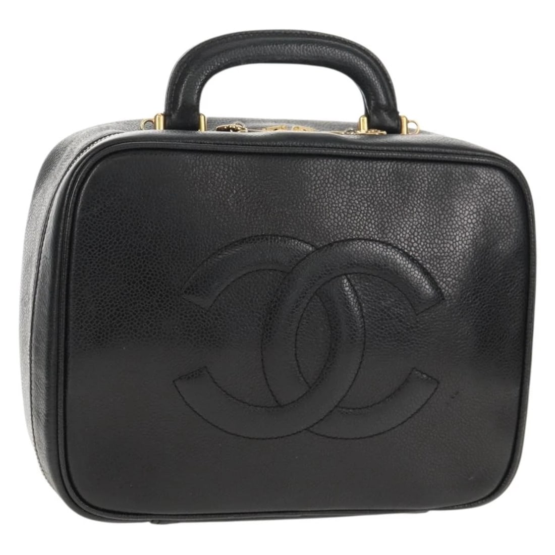 CHANEL COCO MARK VANITY HAND BAG: CHANEL COCO Mark Vanity Hand Bag Brand: CHANEL Type: Hand Bag Material: Leather/Caviar Skin Color: Black/Gold Size: W9.1 x H7.1 x D3.5inch(Approx) Handle Drop:2.0inch(Approx) Accessories: None