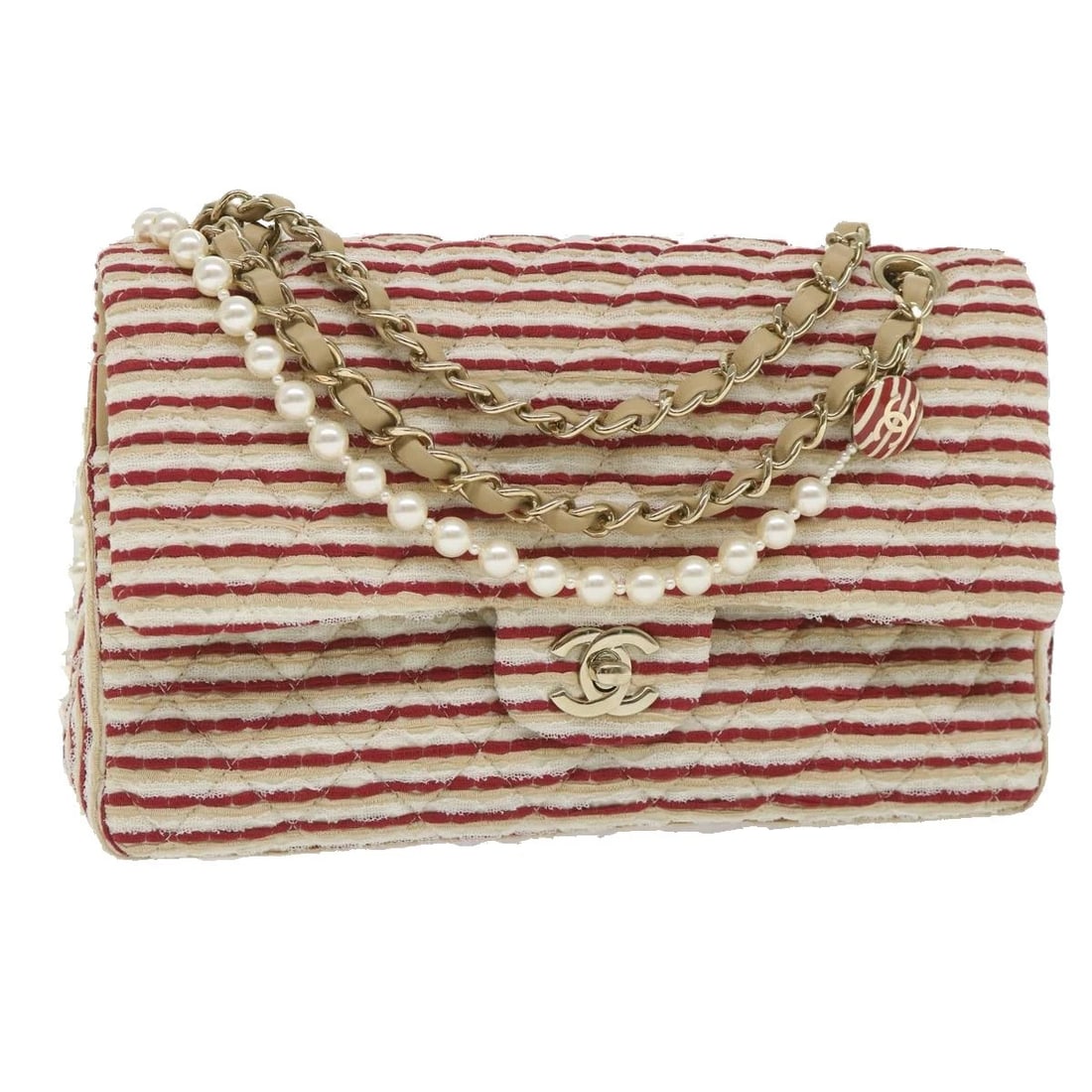 CHANEL QUILTED MATELASSE 25 CHAIN SHOULDER BAG: CHANEL Quilted Matelasse 25 Chain Shoulder Bag Brand: CHANEL Type: Shoulder Bag Material: Canvas Color: Red/Beige Size: W9.8 x H5.1 x D2.4inch(Approx) Shoulder Drop:5.9 - 13.8inch(Approx) Accesso