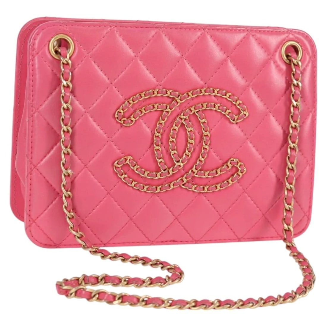 CHANEL MATELASSE CHAIN SHOULDER BAG LAMB SKIN PINK GOLD: CHANEL Matelasse Chain Shoulder Bag Lamb Skin Pink Gold Brand: CHANEL Type: Shoulder Bag Material: Lamb Skin Color: Pink/Gold Size: W7.9 x H5.5 x D1.6inch(Approx) Shoulder Drop:11.8inch(Approx) A