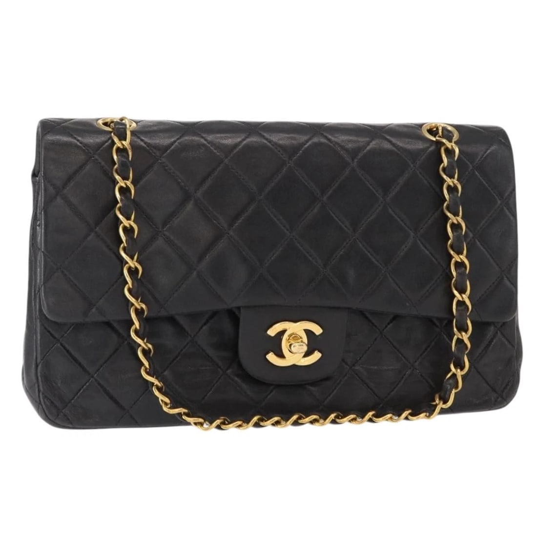 CHANEL MATELASSE 25 DOUBLE FLAP CHAIN BAG LAMB SKIN: CHANEL Matelasse 25 Double Flap Chain Bag Lamb Skin Brand: CHANEL Type: Shoulder Bag Material: Lamb Skin Color: Black/Gold Size: W9.8 x H5.5 x D2.8inch(Approx) Shoulder Drop:9.8 - 17.7inch(Approx)