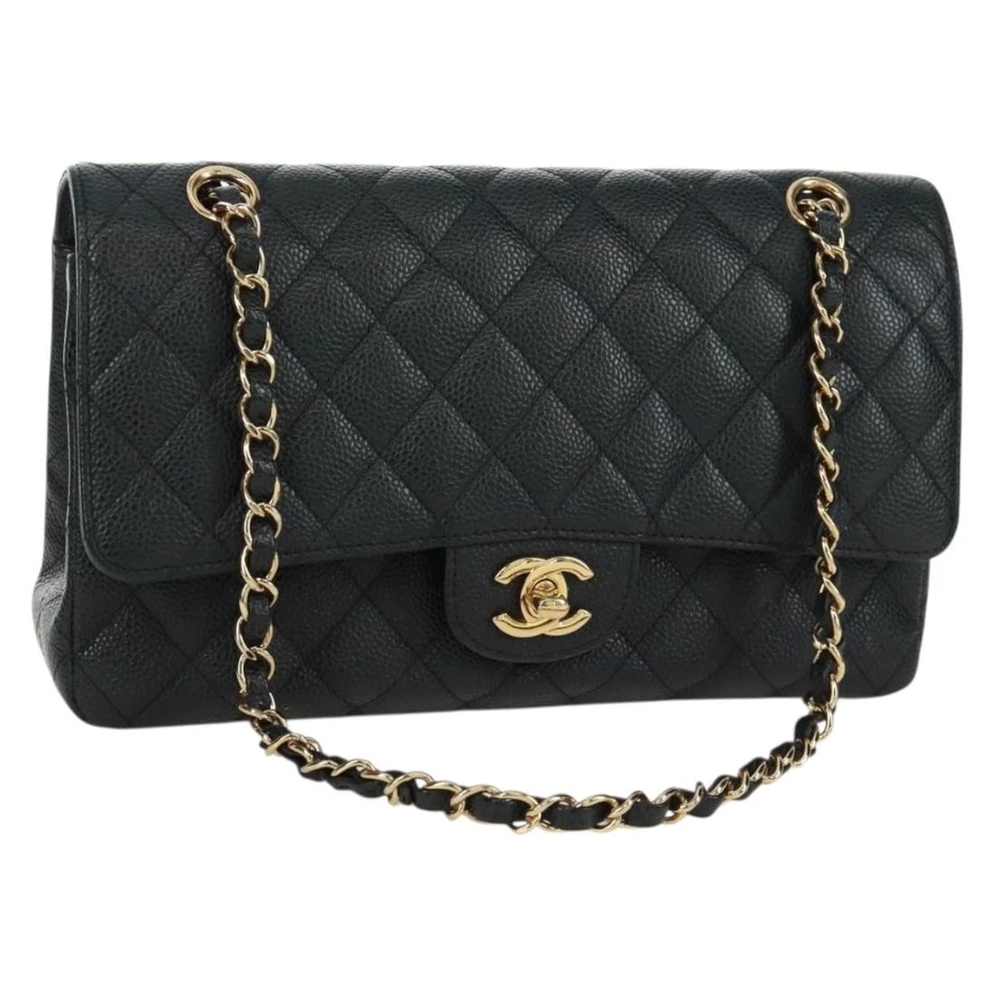 CHANEL DOUBLE FLAP DOUBLE CHAIN MATELASSE 25 BAG: CHANEL Double Flap Double Chain Matelasse 25 Bag Brand: CHANEL Type: Shoulder Bag Material: Caviar Skin Color: Black/Gold Size: W9.8 x H5.9 x D2.4inch(Approx) Shoulder Drop:9.8 - 17.7inch(Approx)