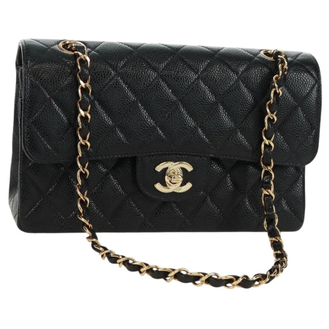 CHANEL DOUBLE FLAP DOUBLE CHAIN MATELASSE 23 BAG: CHANEL Double Flap Double Chain Matelasse 23 Bag Brand: CHANEL Type: Shoulder Bag Material: Caviar Skin Color: Black/Gold Size: W9.1 x H5.1 x D2.4inch(Approx) Shoulder Drop:9.8 - 17.7inch(Approx)