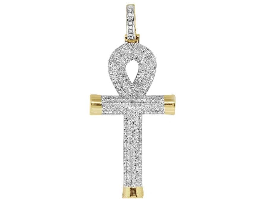 MEN'S 10K YELLOW GOLD PUFF ANKH CROSS GENUINE DIAMOND PENDANT (1 of 3)